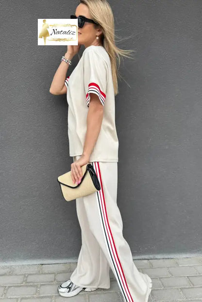 Jet Stream Contrast Striped Trim Crewneck T Shirt Loose Straight Pants Set Dear-Lover Dropshipping