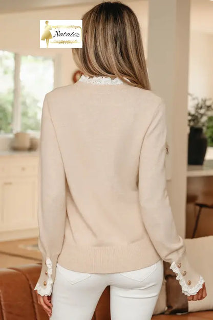 Jet Stream Lace Trim Patchwork Buttoned Cuffs Loose Sweater Dear-Lover Dropshipping