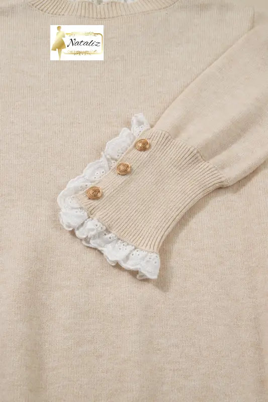 Jet Stream Lace Trim Patchwork Buttoned Cuffs Loose Sweater Dear-Lover Dropshipping