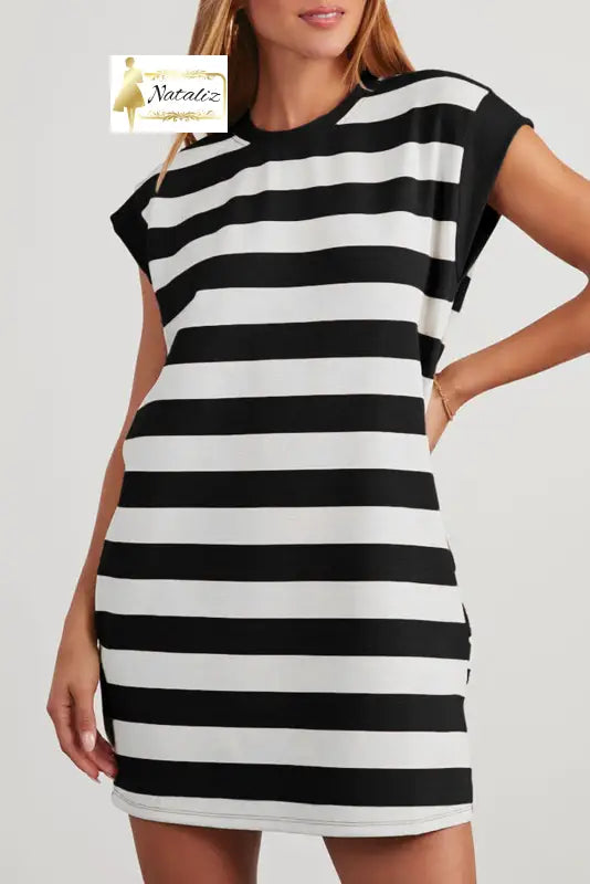 Khaki Stripe Cap Sleeve Shift T Shirt Dress Dear-Lover Dropshipping