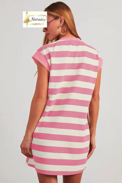 Khaki Stripe Cap Sleeve Shift T Shirt Dress Dear-Lover Dropshipping