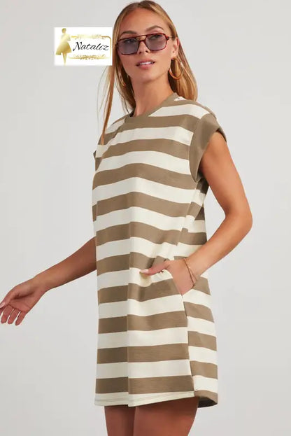 Khaki Stripe Cap Sleeve Shift T Shirt Dress Dear-Lover Dropshipping