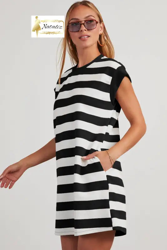 Khaki Stripe Cap Sleeve Shift T Shirt Dress Dear-Lover Dropshipping