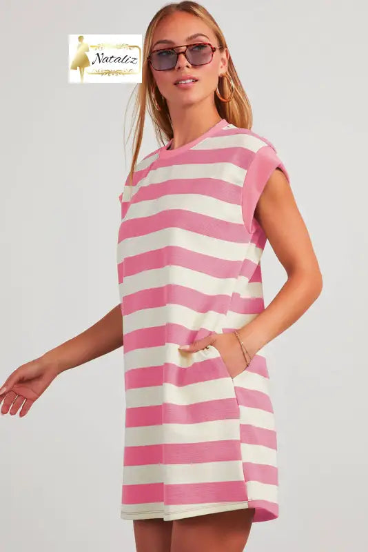 Khaki Stripe Cap Sleeve Shift T Shirt Dress Dear-Lover Dropshipping