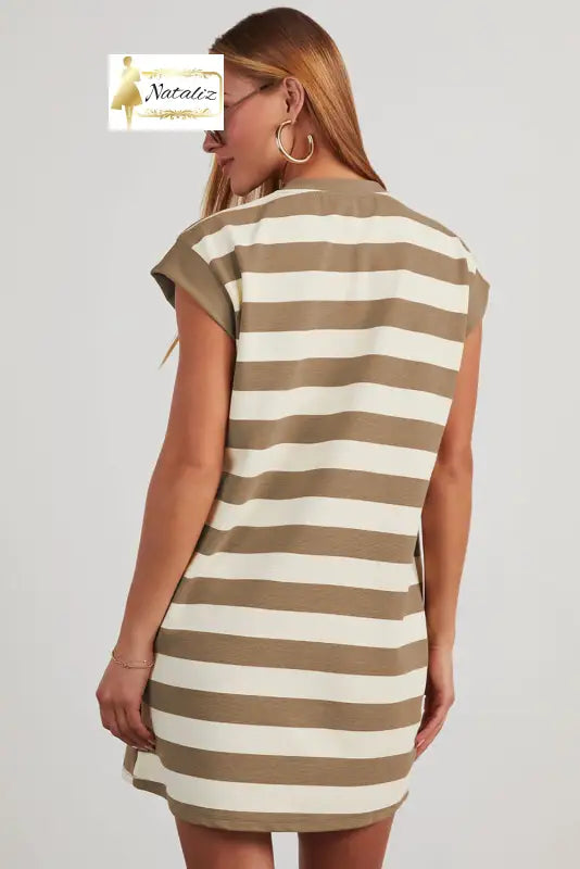Khaki Stripe Cap Sleeve Shift T Shirt Dress Dear-Lover Dropshipping