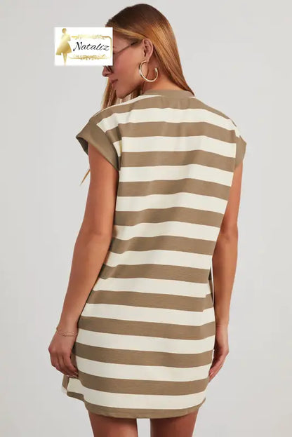 Khaki Stripe Cap Sleeve Shift T Shirt Dress Dear-Lover Dropshipping