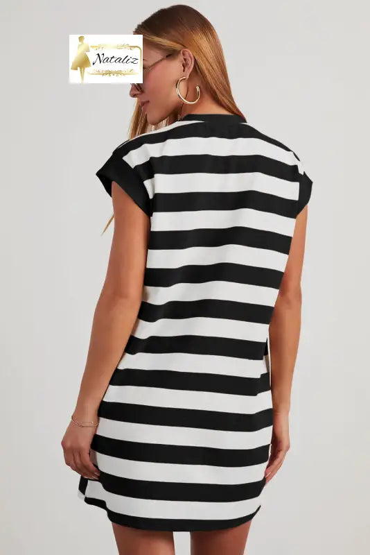 Khaki Stripe Cap Sleeve Shift T Shirt Dress Dear-Lover Dropshipping