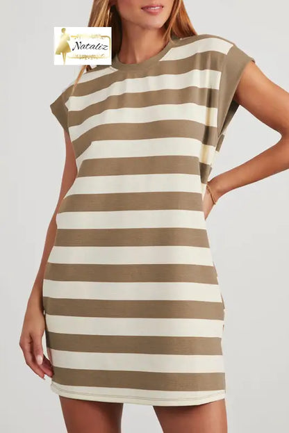 Khaki Stripe Cap Sleeve Shift T Shirt Dress Dear-Lover Dropshipping
