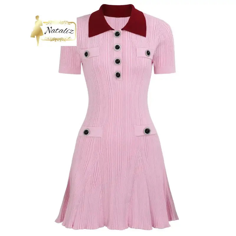 Knit Dress for Ladies Turn Down Collar Rhinestone Button Ruffle Hem Mini Dress Nataliz Boutique Shop
