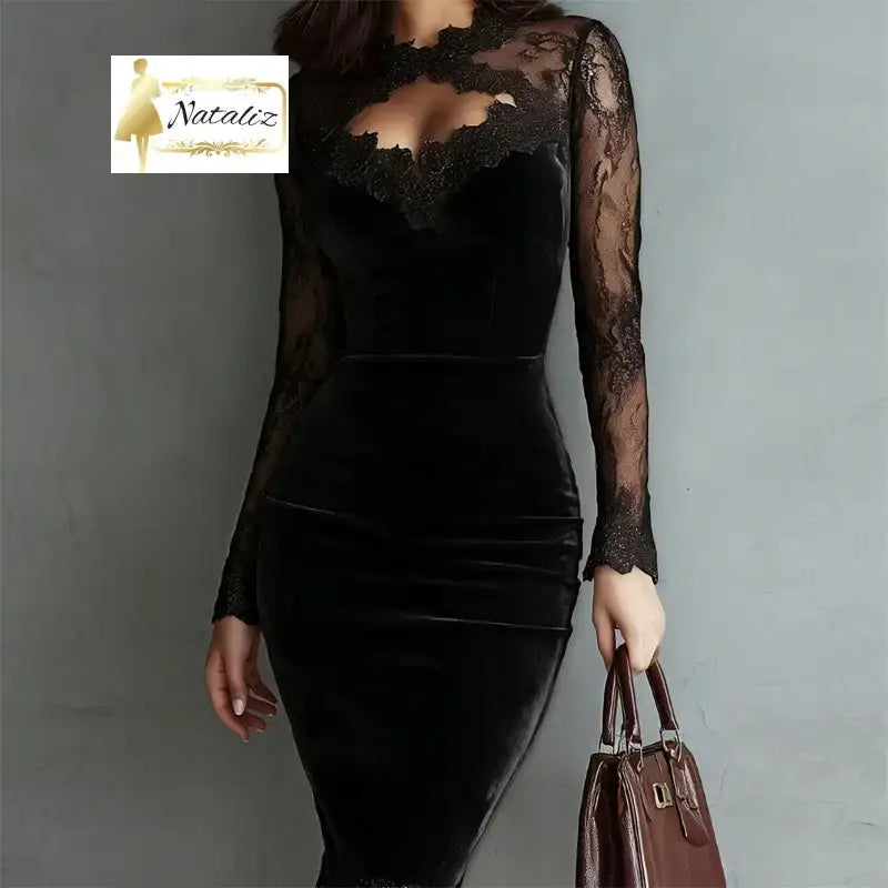 Lace Trim Bodycon Midi Dress, Long Sleeve Party Dress Nataliz