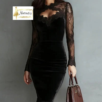 Lace Trim Bodycon Midi Dress, Long Sleeve Party Dress Nataliz