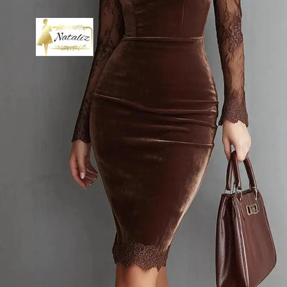 Lace Trim Bodycon Midi Dress, Long Sleeve Party Dress Nataliz