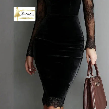 Lace Trim Bodycon Midi Dress, Long Sleeve Party Dress Nataliz