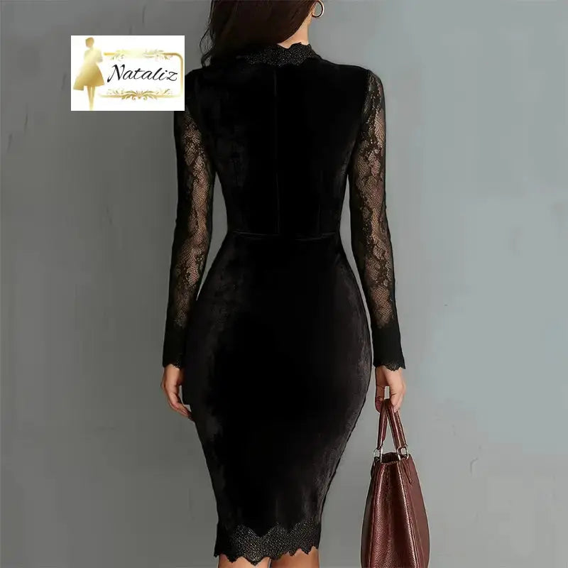 Lace Trim Bodycon Midi Dress, Long Sleeve Party Dress Nataliz
