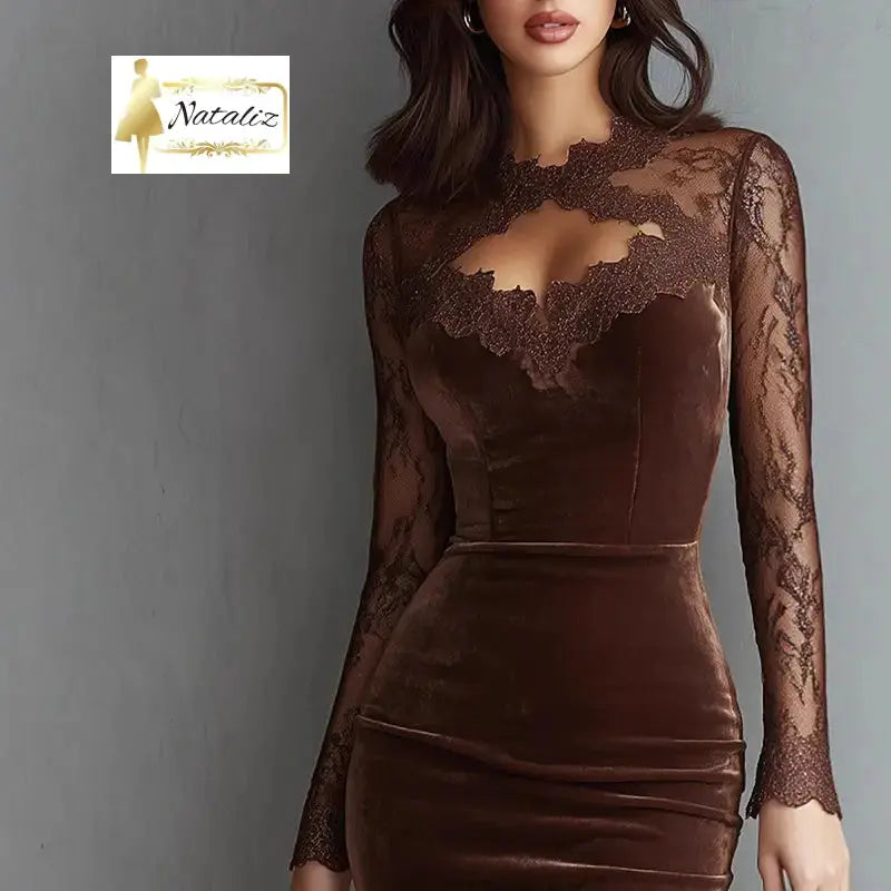 Lace Trim Bodycon Midi Dress, Long Sleeve Party Dress Nataliz