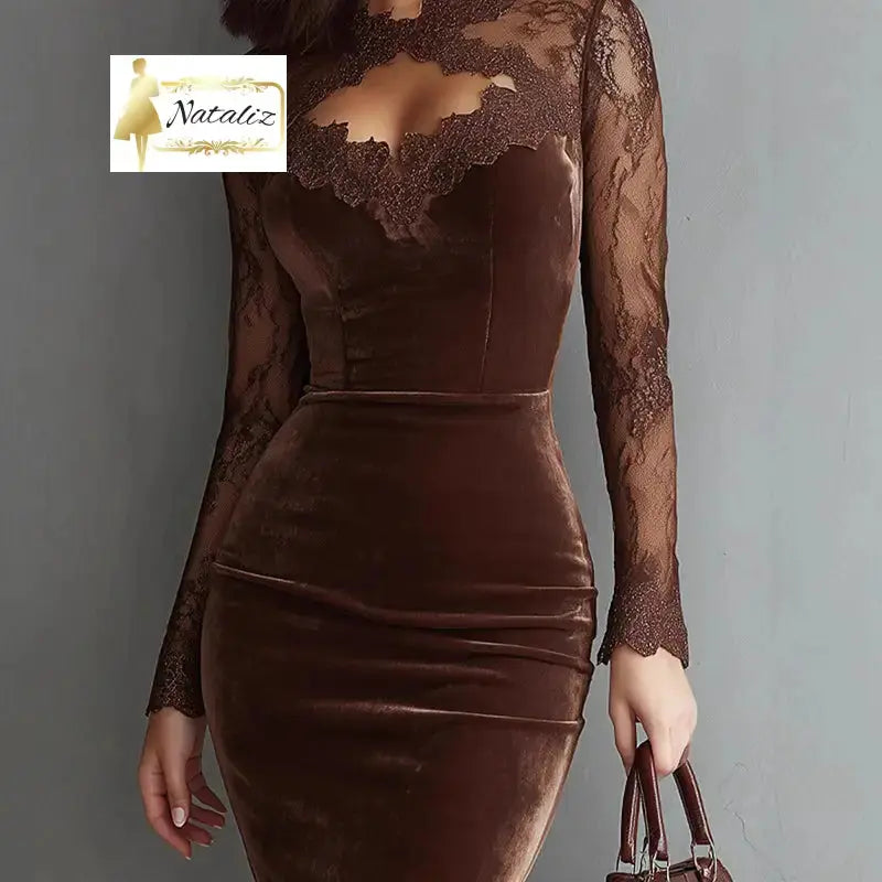 Lace Trim Bodycon Midi Dress, Long Sleeve Party Dress Nataliz