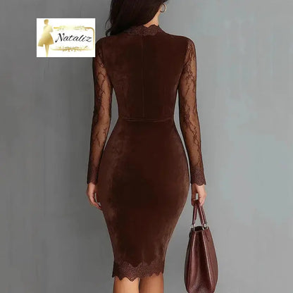 Lace Trim Bodycon Midi Dress, Long Sleeve Party Dress Nataliz