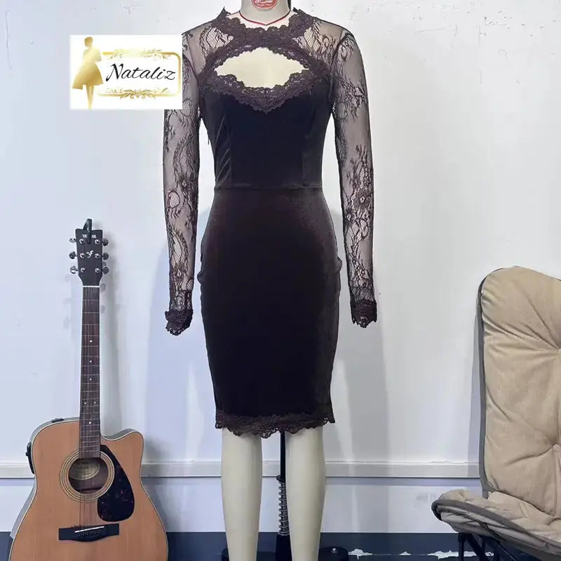 Lace Trim Bodycon Midi Dress, Long Sleeve Party Dress Nataliz