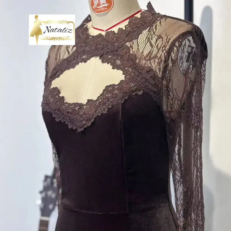 Lace Trim Bodycon Midi Dress, Long Sleeve Party Dress Nataliz