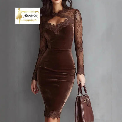 Lace Trim Bodycon Midi Dress, Long Sleeve Party Dress Nataliz