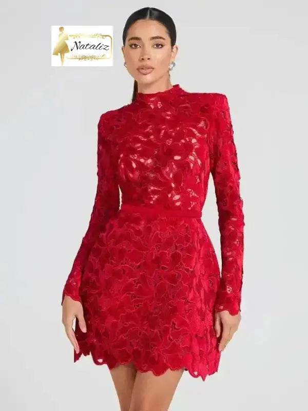 Lace Waist-Cinched Long Sleeves Mini Dress 8