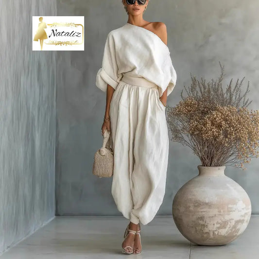 Loose Wide-leg Casual Top With Lantern Pants In Cotton And Linen Two Pieces Sets