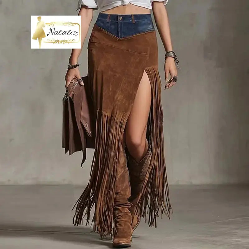Maxi Skirt With Fringe Hem And High Side Slit Western Style Skirt Nataliz