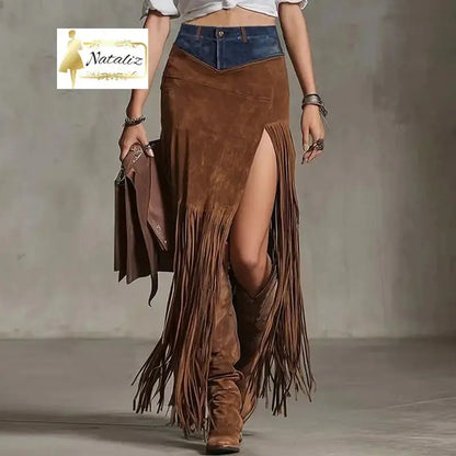Maxi Skirt With Fringe Hem And High Side Slit Western Style Skirt Nataliz