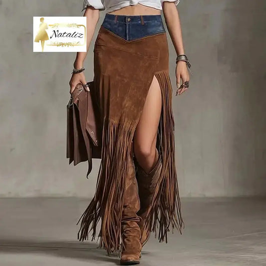 Maxi Skirt With Fringe Hem And High Side Slit Western Style Skirt Nataliz