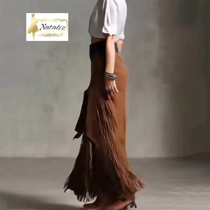 Maxi Skirt With Fringe Hem And High Side Slit Western Style Skirt Nataliz