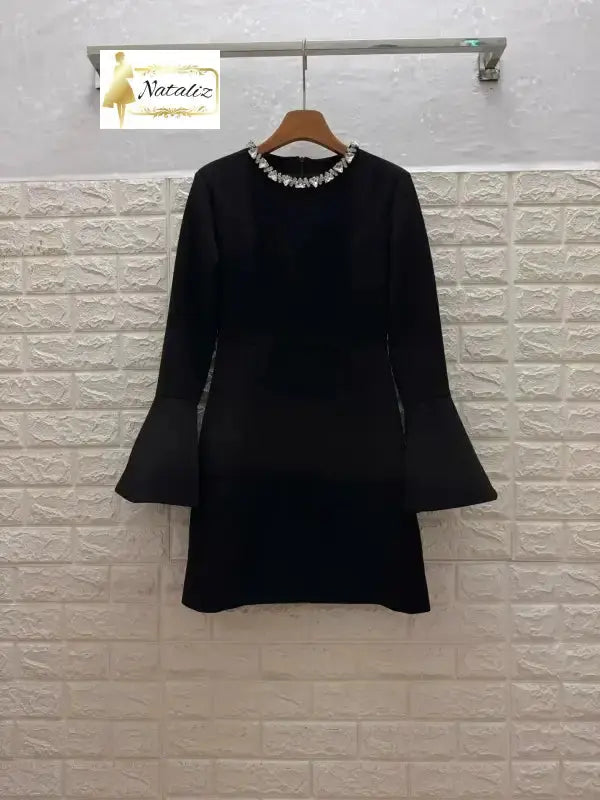 Mini Dress Elegant Slimming Flare Sleeve With Diamonds Embellished Neck Nataliz Boutique Shop