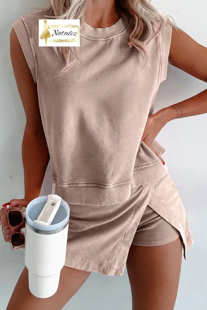 Myosotis 2 Pieces Mineral Wash Cotton Tank Top Lined Split Skirt Set Dear-Lover Dropshipping