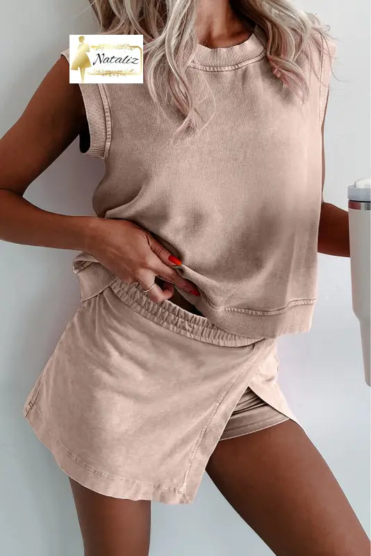 Myosotis 2 Pieces Mineral Wash Cotton Tank Top Lined Split Skirt Set Dear-Lover Dropshipping