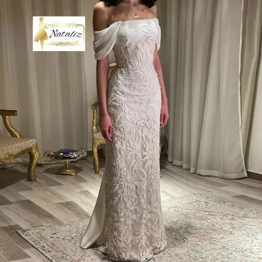 Nataliz Elegant Ivory Mermaid Evening Dress Off Shoulder Luxury Beaded Nataliz Boutique Shop