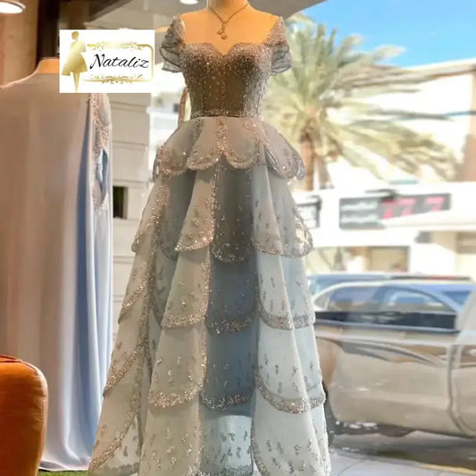 Nataliz Luxury Beaded Evening Dress Off Shoulder Tiered Ruffles Dress Nataliz Boutique Shop