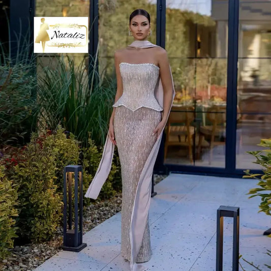 Nataliz Luxury Two Piece Beaded Sheath Evening Dress with Scarf Strapless Nataliz Boutique Shop