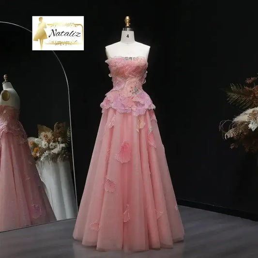 Nataliz Pink A Line Evening Dress 3D Flowers Crystal Beaded Strapless Nataliz Boutique Shop