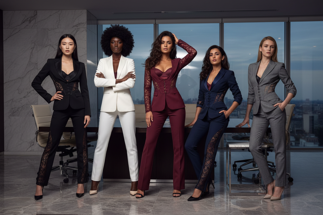 Five women in professional attire standing in an office setting with a cityscape view.