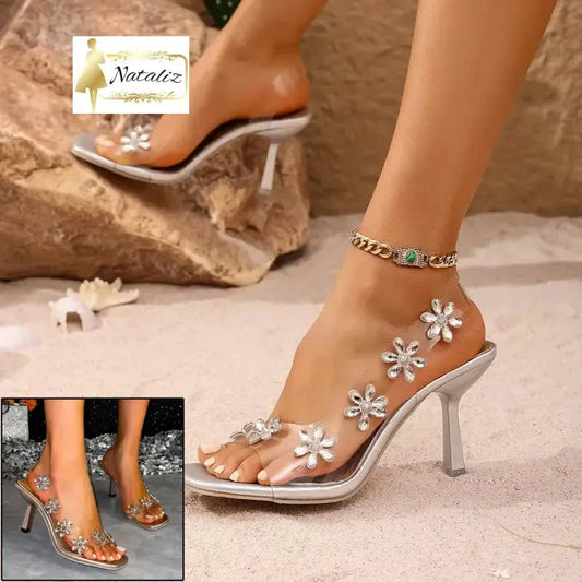New Sandals For Women Summer Transparent PVC Rhinestone Flowers Slingback Pumps Elegant Square Toe Female Sexy High