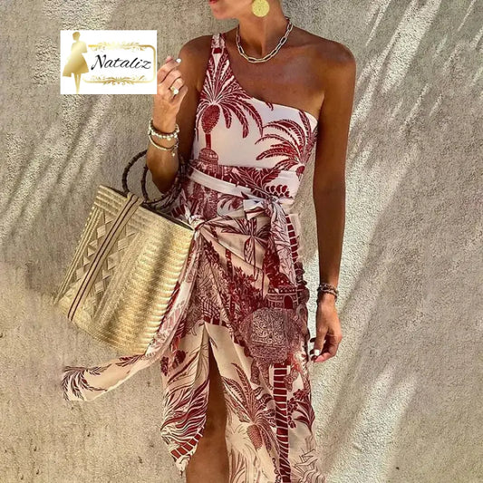 One-Shoulder Strapped Swimsuit Set With Coconut Tree Print Bikinis & Coverups