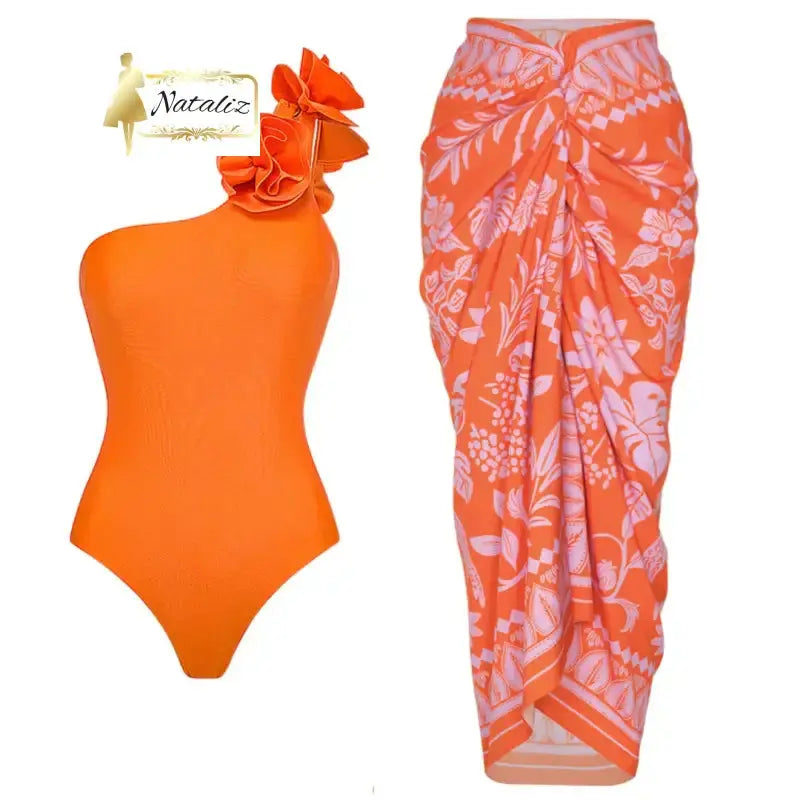 Orange One Piece Swimsuit and Skirt Set 8