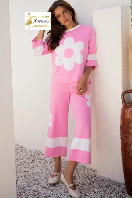 Orchid Bouquet Big Flower Patched Raw Seam Color Block 2 Piece Loose Pant Set Dear-Lover Dropshipping