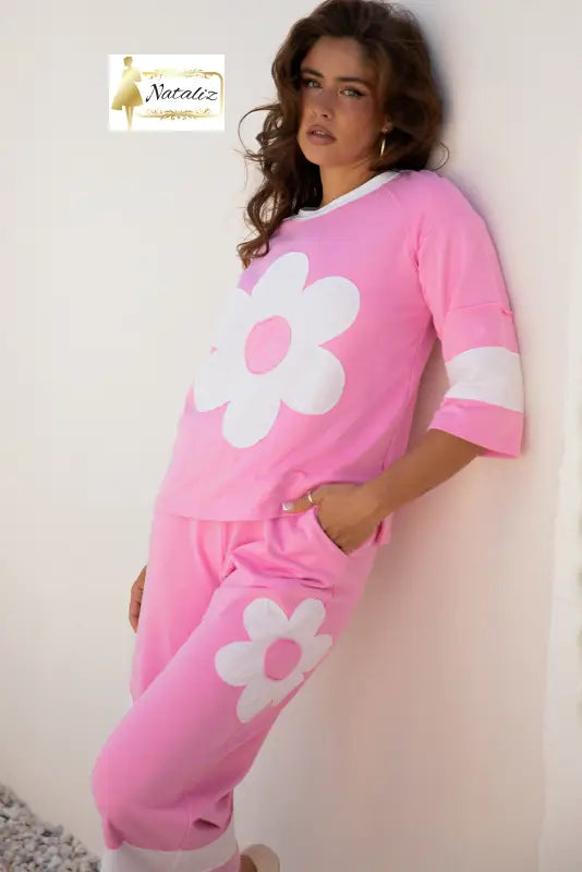 Orchid Bouquet Big Flower Patched Raw Seam Color Block 2 Piece Loose Pant Set Dear-Lover Dropshipping