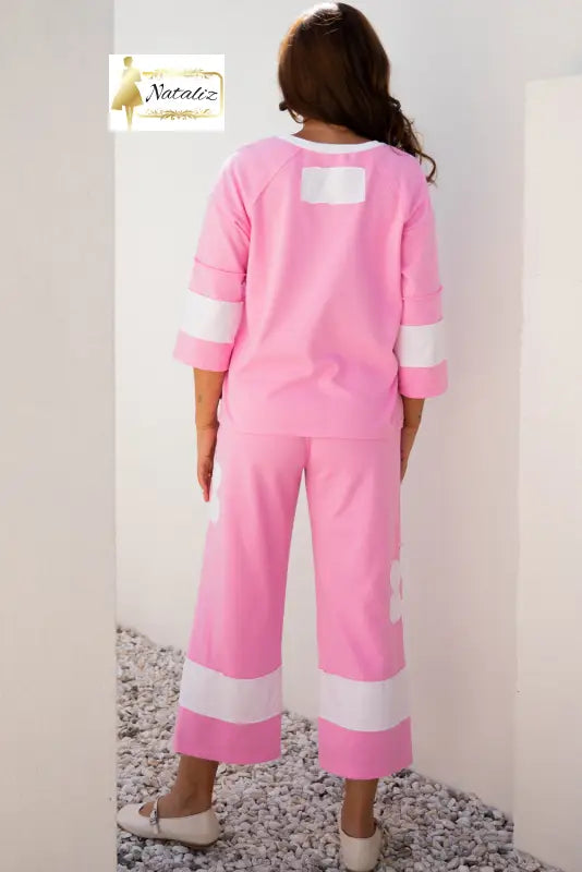 Orchid Bouquet Big Flower Patched Raw Seam Color Block 2 Piece Loose Pant Set Dear-Lover Dropshipping