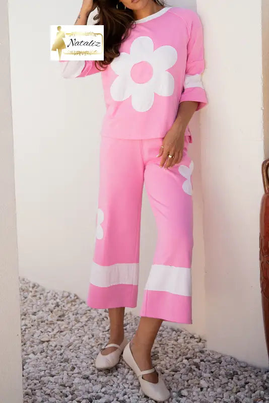 Orchid Bouquet Big Flower Patched Raw Seam Color Block 2 Piece Loose Pant Set Dear-Lover Dropshipping