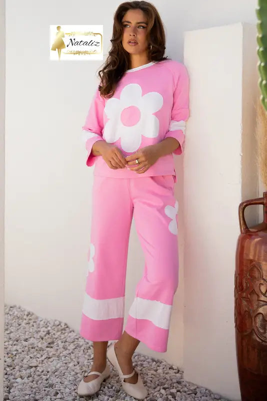 Orchid Bouquet Big Flower Patched Raw Seam Color Block 2 Piece Loose Pant Set Dear-Lover Dropshipping