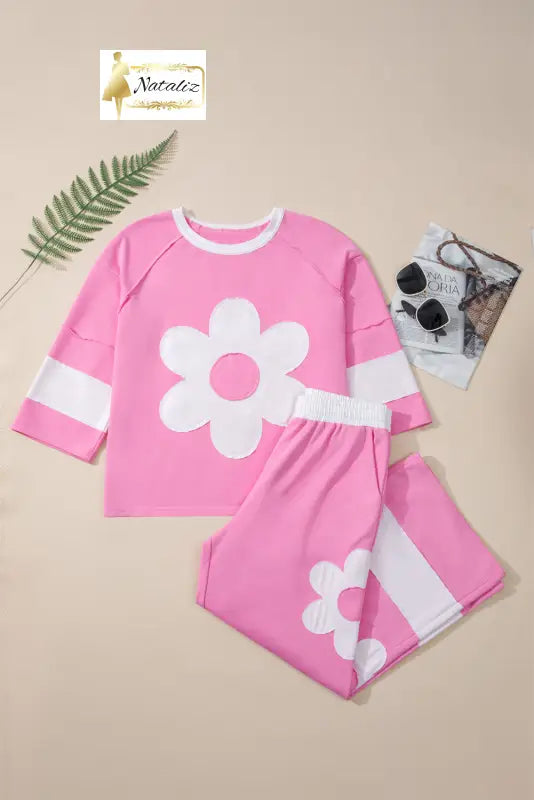 Orchid Bouquet Big Flower Patched Raw Seam Color Block 2 Piece Loose Pant Set Dear-Lover Dropshipping