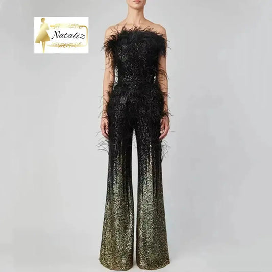 Ostrich Feather Gradient Sequin Tube Top Jumpsuit Jump Suit