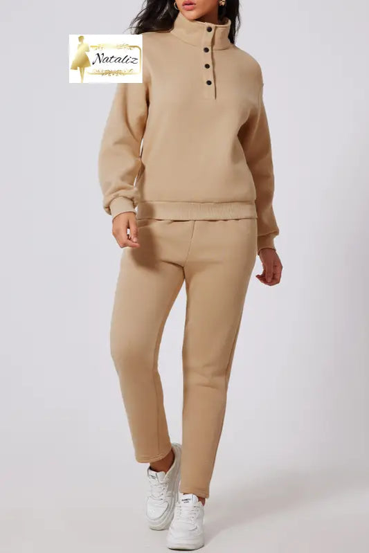 Parchment Solid Half Button Sweatshirt and High Waist Sweatpants Set Dear-Lover Dropshipping