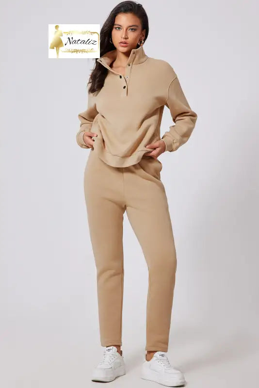 Parchment Solid Half Button Sweatshirt and High Waist Sweatpants Set Dear-Lover Dropshipping